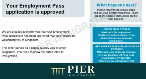 Employment Pass application approved from Pier's approval collection, with personal details removed; source-file date 11 Mar 2025