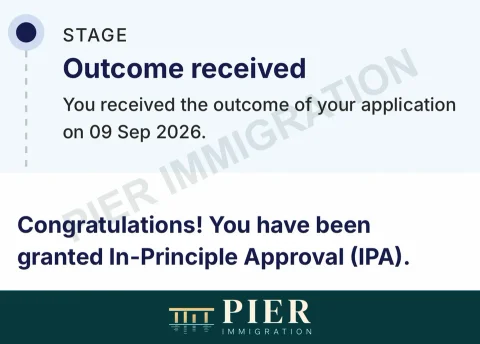 PR in-principle approval from Pier's approval collection, with personal details removed; outcome dated 9 Sept 2026
